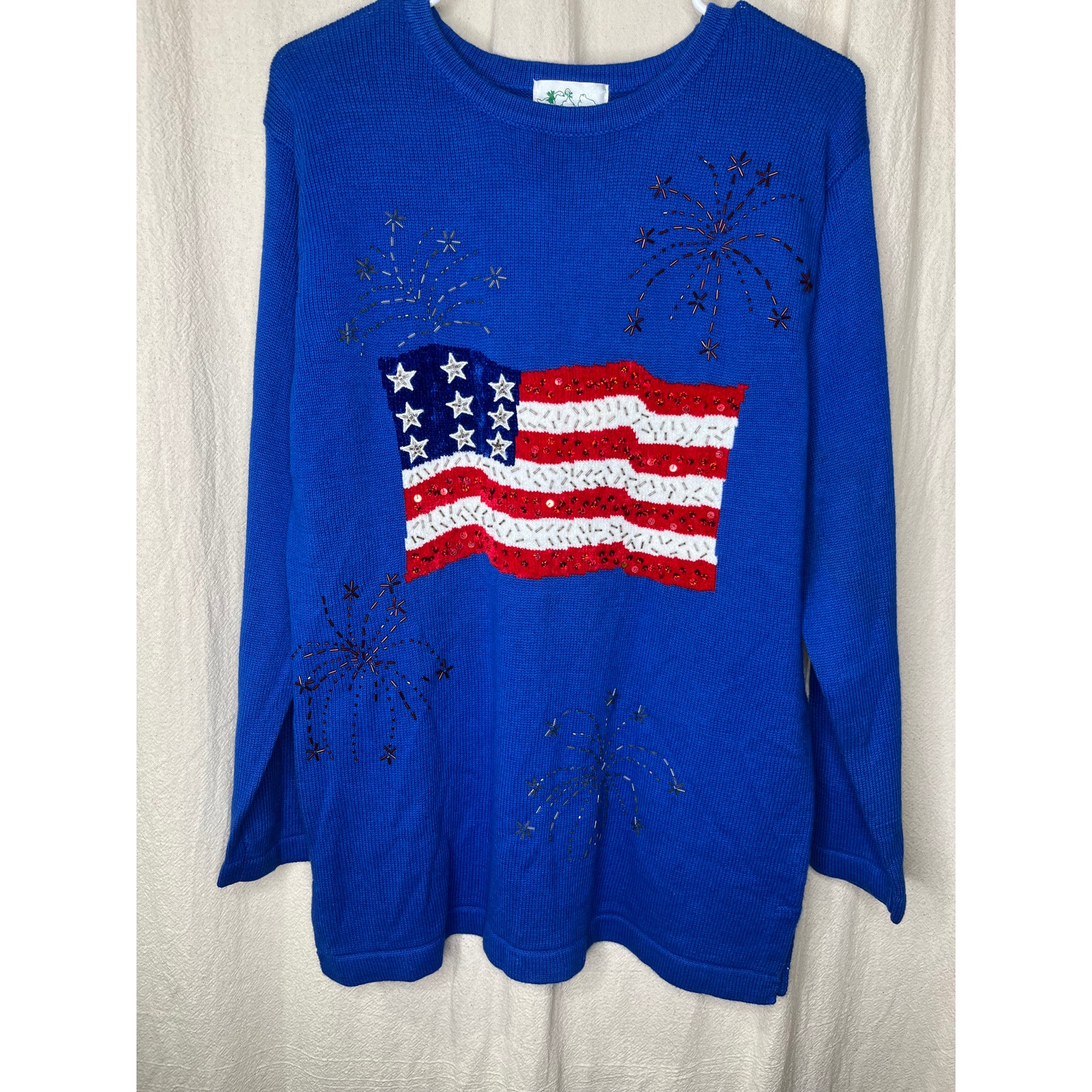 NWT 2000s Quacker Factory Patriotic Sequin Glam Flag Fireworks USA Sweater S
