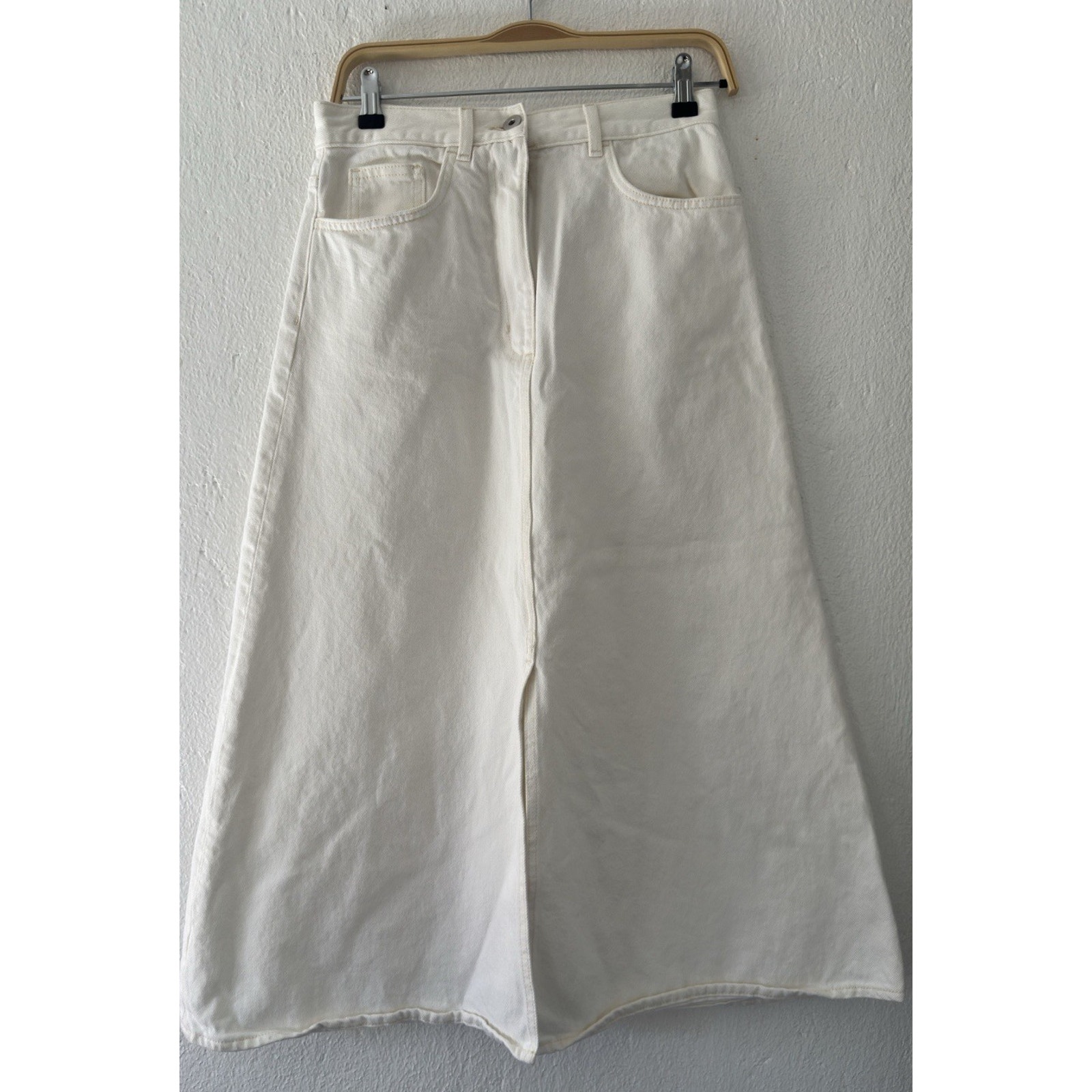 COS A-Line Denim Midi Skirt Front Slit White Size 6 Cotton Modern Minimalist