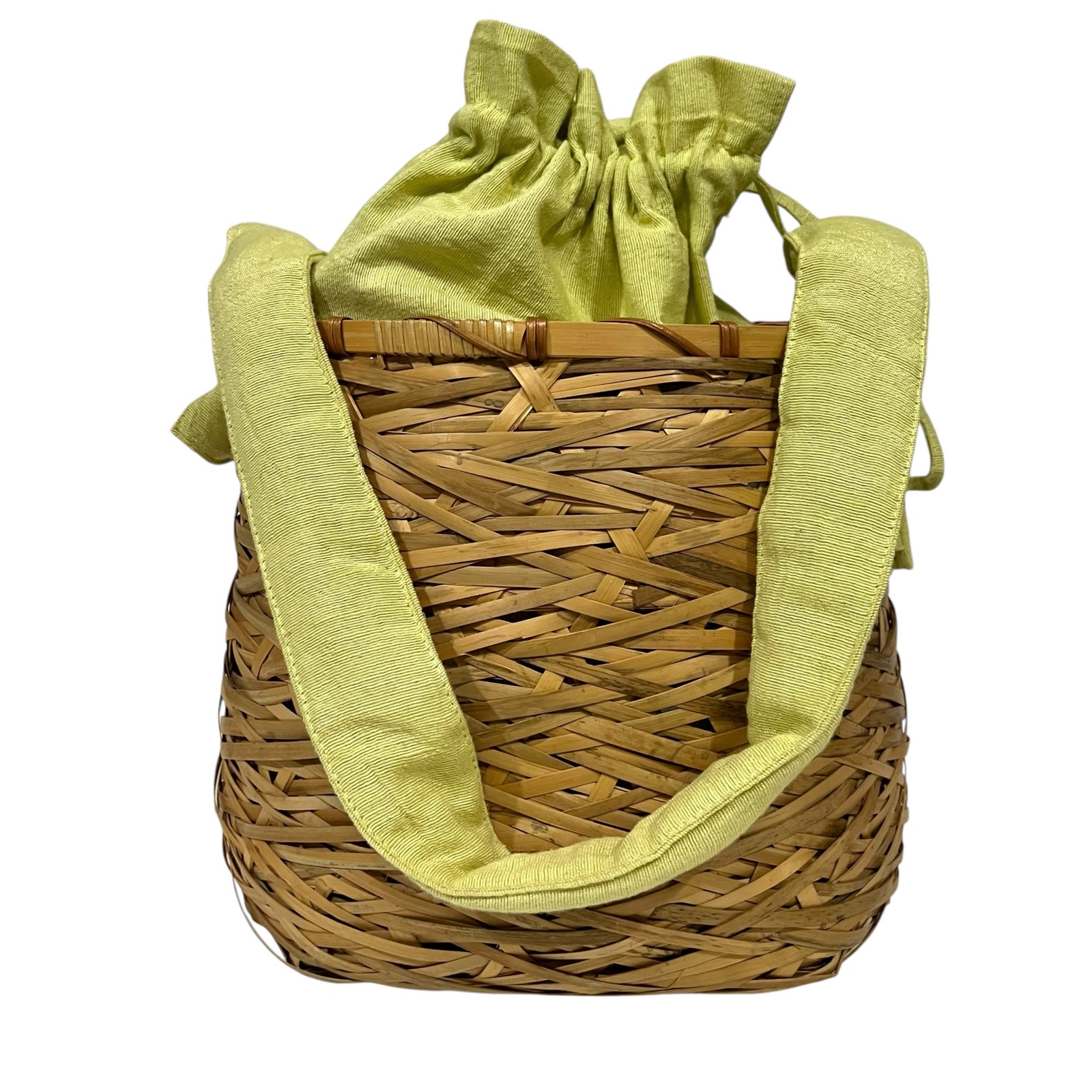 Lantern Moon Knitting Project Basket Bag Tote Woven Beige with Green Cinch Liner