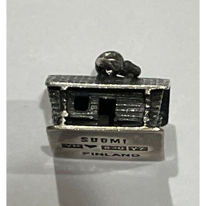 830 Silver Signed Suomi Finland Log Cabin Pendant Or Charm Signed VH Date 1976