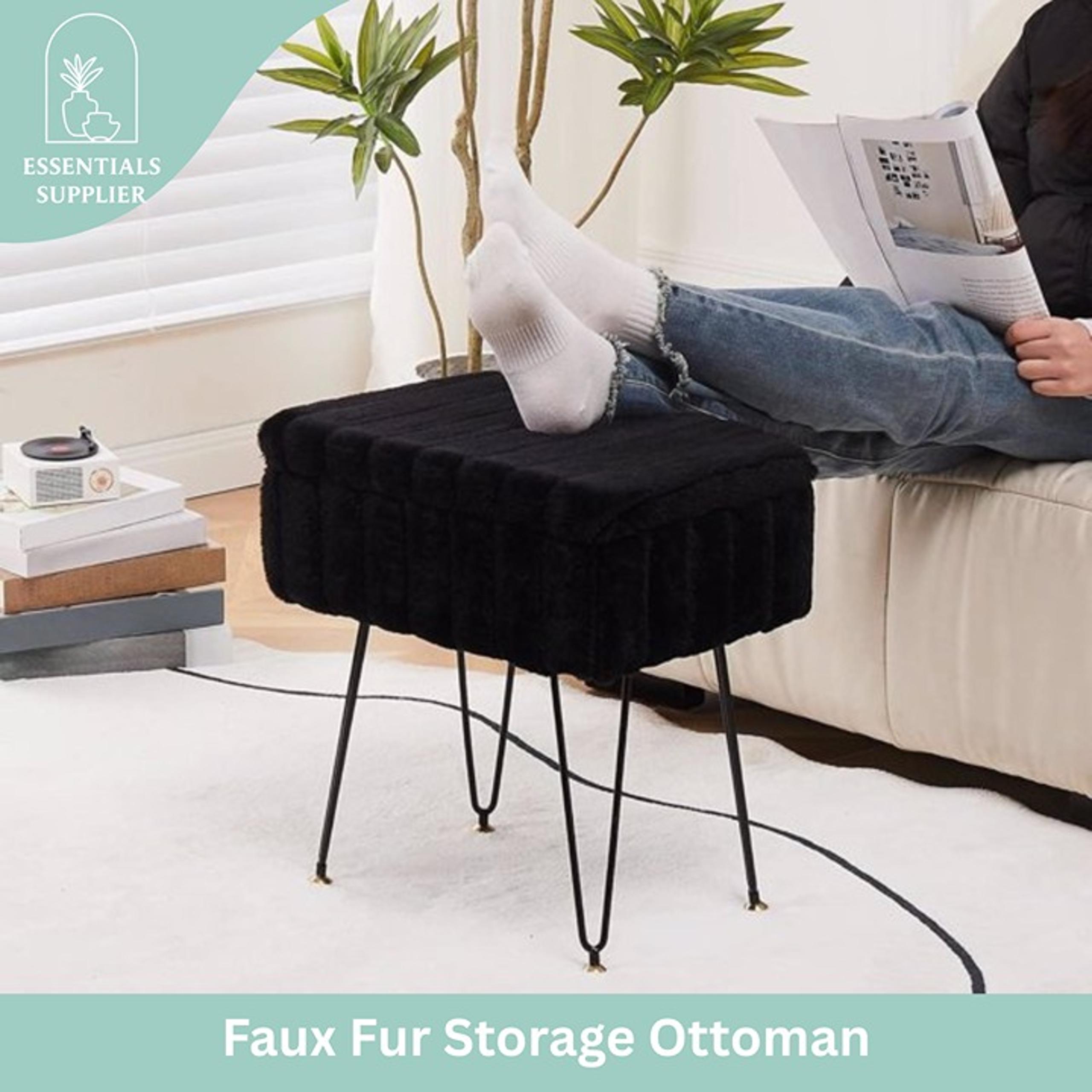 Faux Fur Ottoman with Storage – Vanity Stool & Footrest for Bedroom, Black