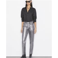 FRAME Le Sylvie Slender Straight Leg Jeans Metallic Coated Denim Silver Black