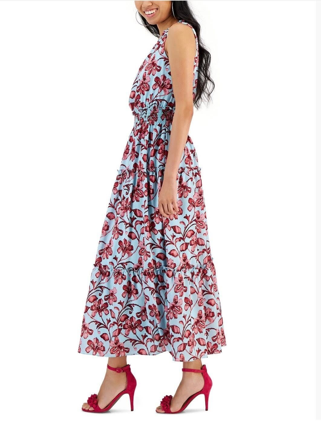Taylor Women angelblue/rose Floral Print One-Shoulder Ruffle Maxi Dress , 10&16