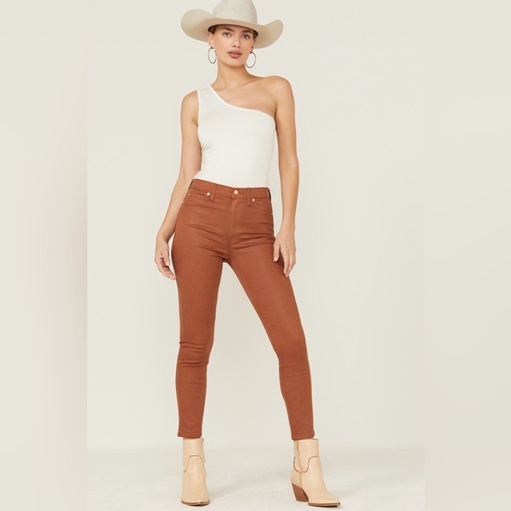 7 For All Mankind Coated Faux Leather Ankle Jeans in Camel Size 30