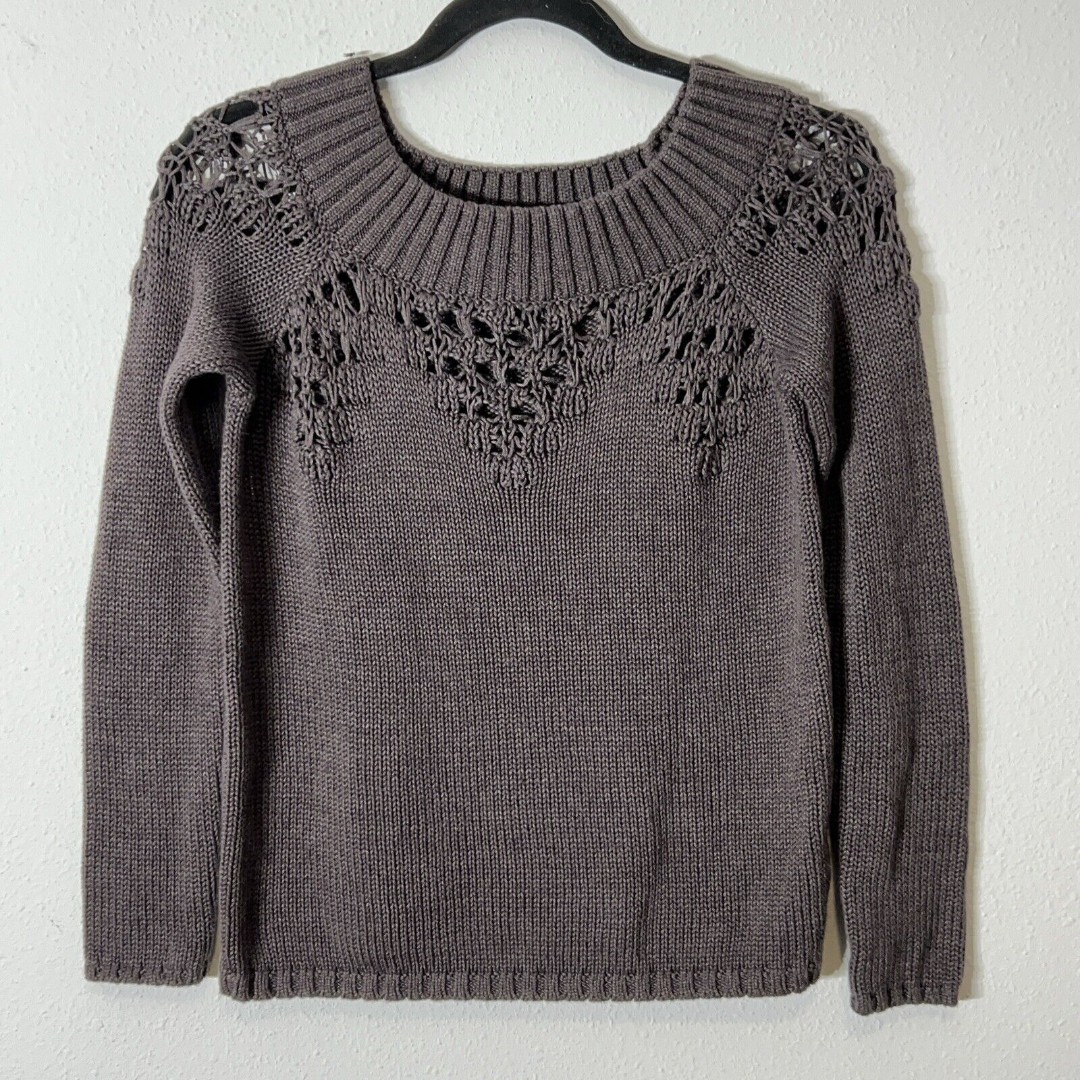 Anthropologie Heartloom Carina Sweater XS Gray Pullover Cutout Neck Off Shoulder