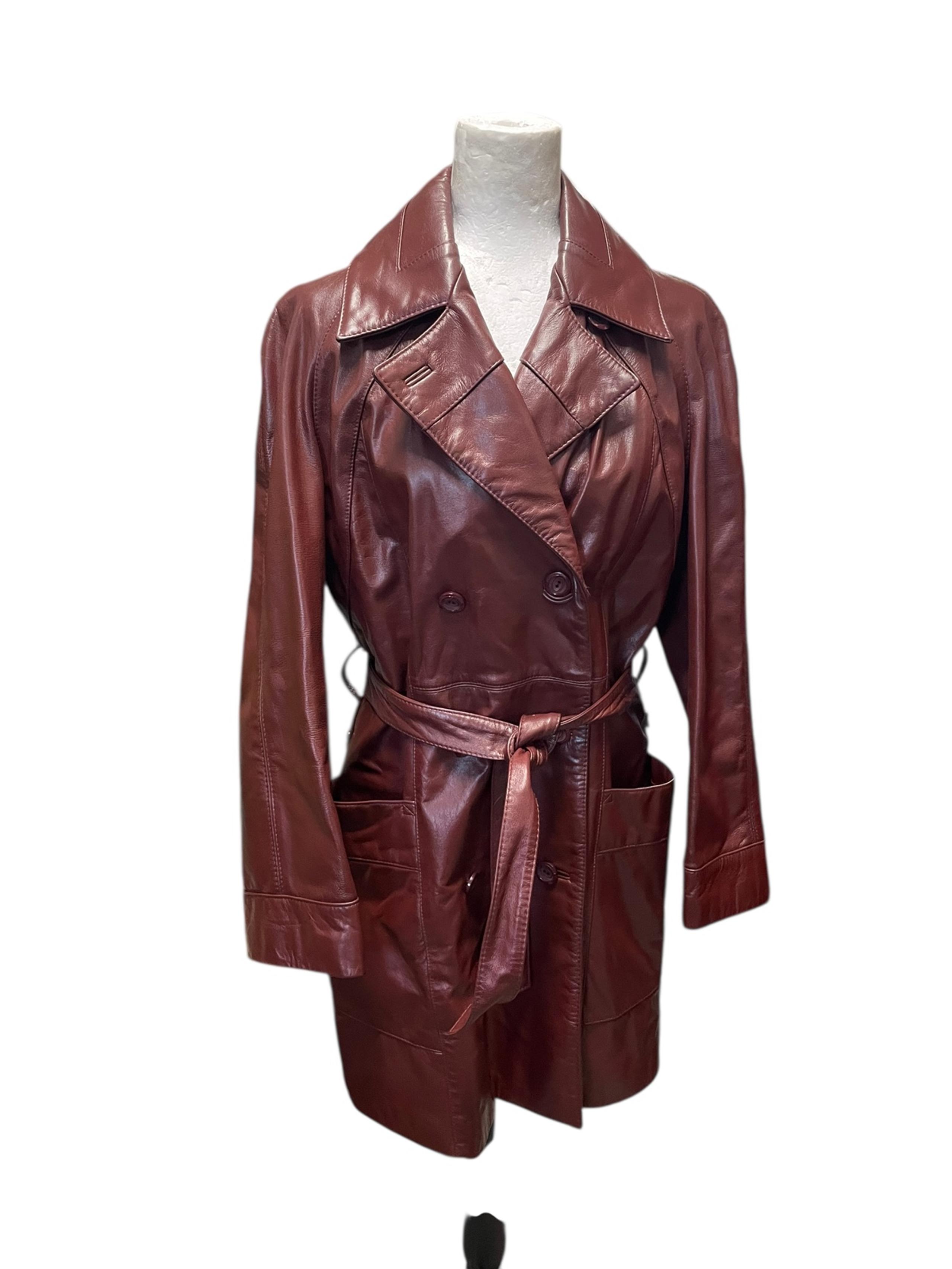 Etienne Aigner Vintage 70s 80s Leather Trench Coat Red Burgundy Belted Size 12