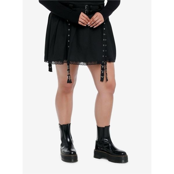 Dark Academia Black Grommet Strap Pleated Skirt With Belt Plus Size 1