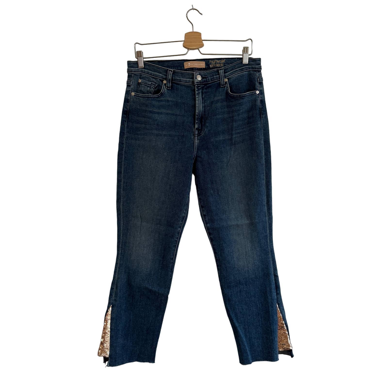 7 for all Mankind Luxe Vintage High Waist Slim Kick Sequined Raw Hem Jeans Sz 31