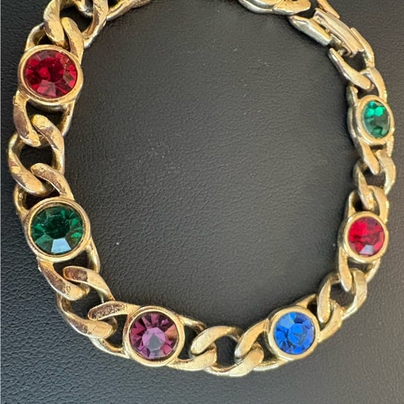 Vintage gold toned curb link bezel set multi color rhinestone crystal bracelet