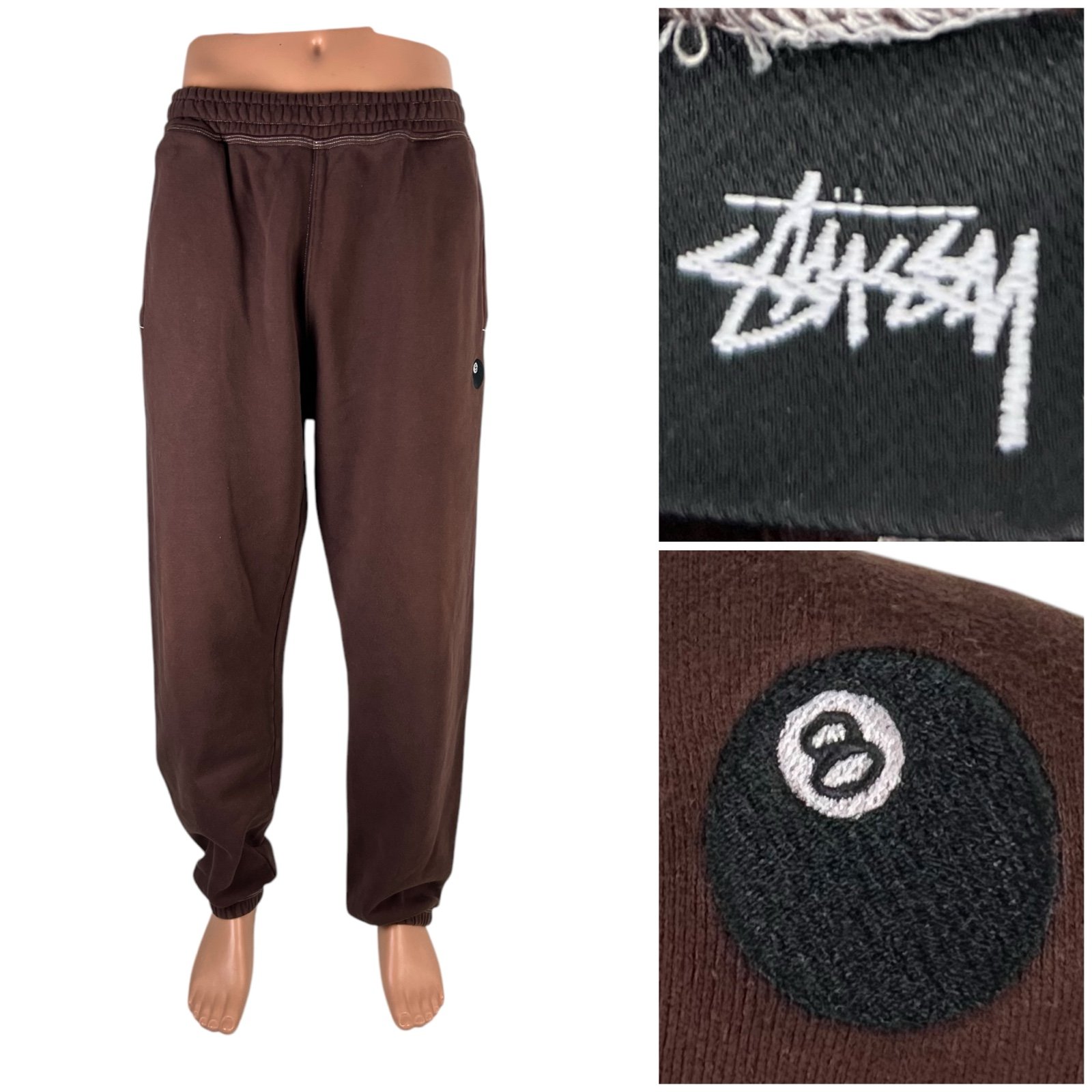 Stussy Mens XL Sweatpants Brown 8 Ball Embroidered Logo Vintage Streetwear