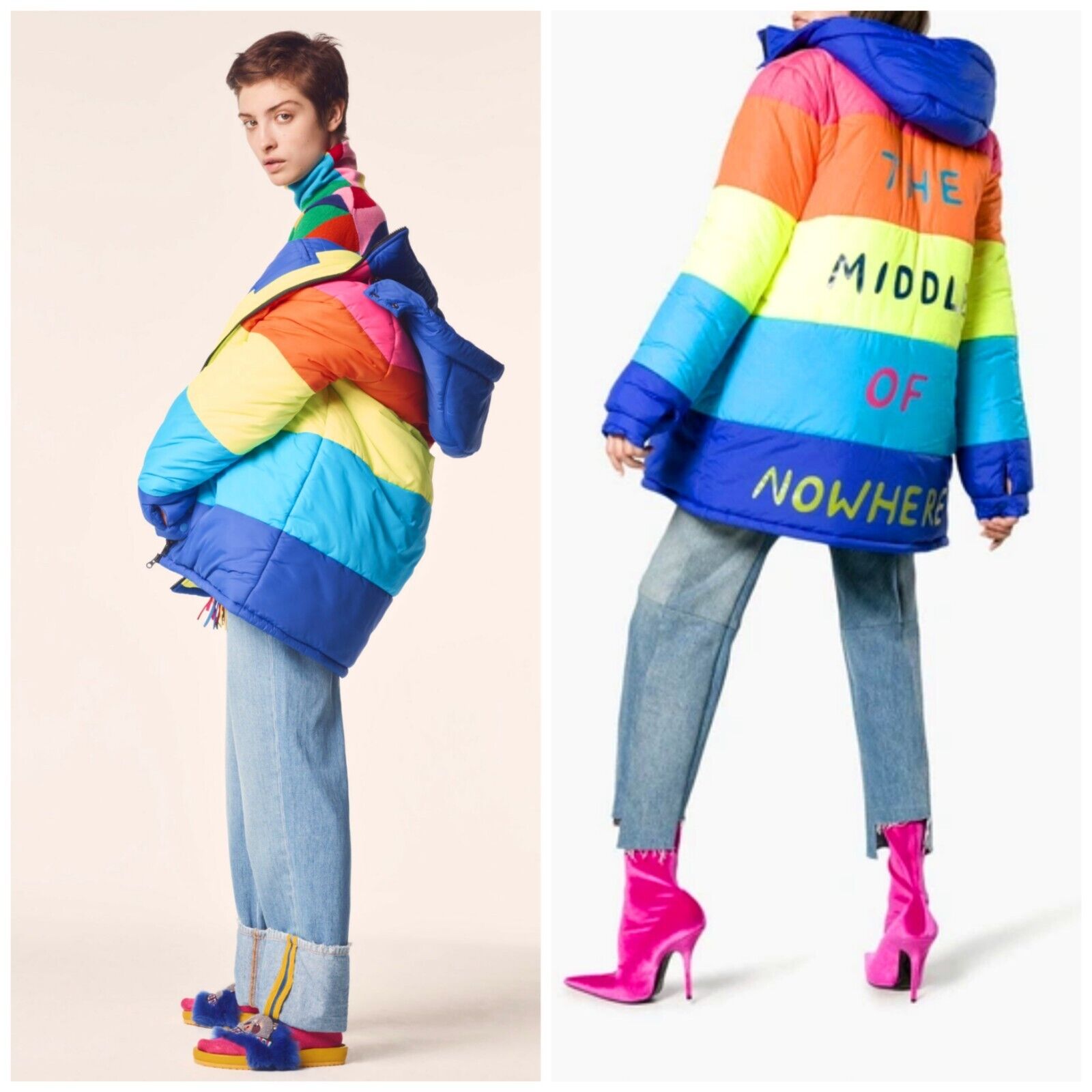 Mira Mikati Middle Of Nowhere Rainbow Stripe Hooded Puffer Coat 685 Size 2