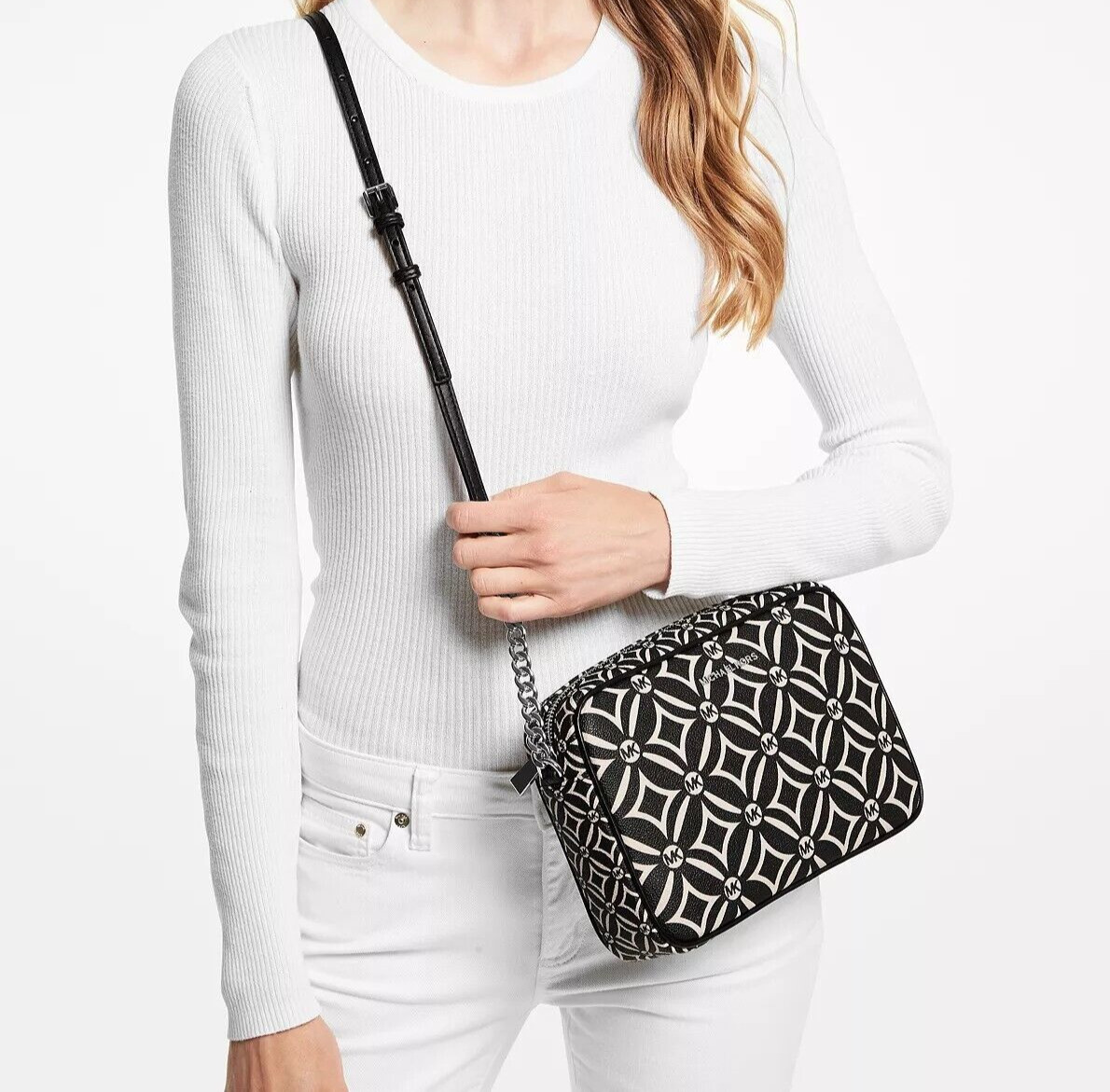 Michael Kors Rare NWT LOGO Jet Set Lg EW Crossbody Black & Cream Authentic Guar
