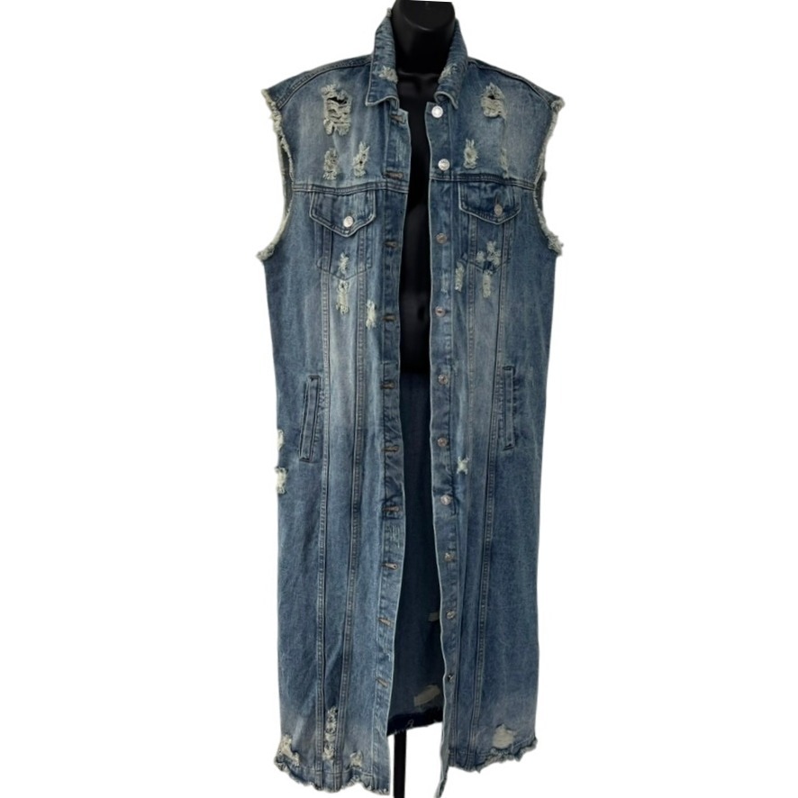 Steve Madden Long Line Distressed Denim Vest Sz M Maxi Grunge Baddie Urban