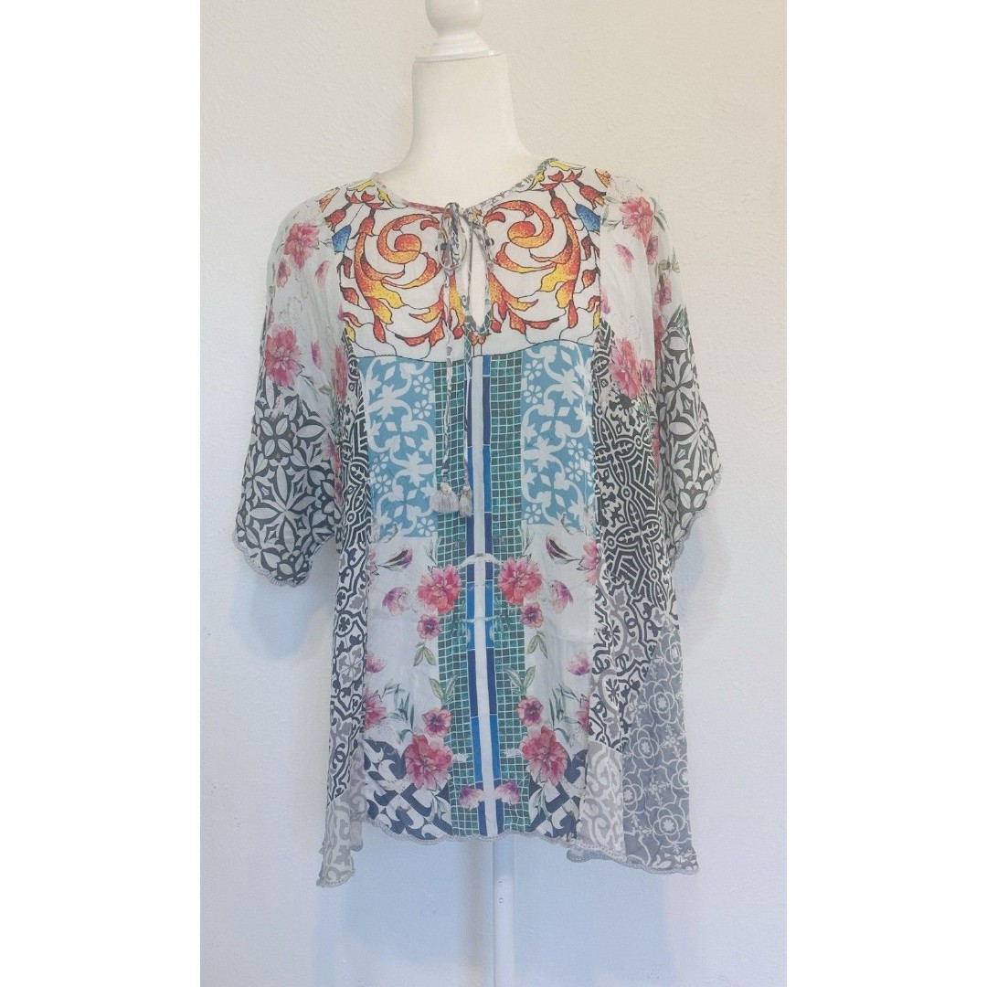 Johnny Was Women Size L Milly Favorite Silk Tassel Floral Blouse Boho Designer