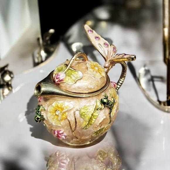 Rare Ruccini Trinket Box Teapot Crystals Clear & Pink Floral Frog Gold Trim
