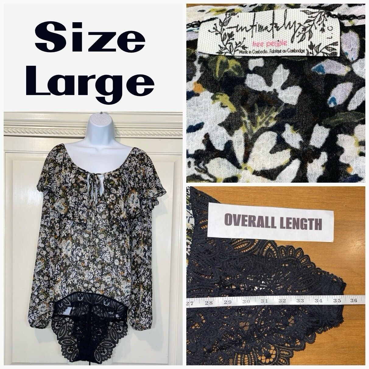 Free People Top Women L Intimately Gauze Bodysuit Floral Fairy Ruffle Blouse