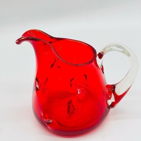 Vintage MCM Red Blown Glass PulegosoPitcher Vase Art GlassBarware
