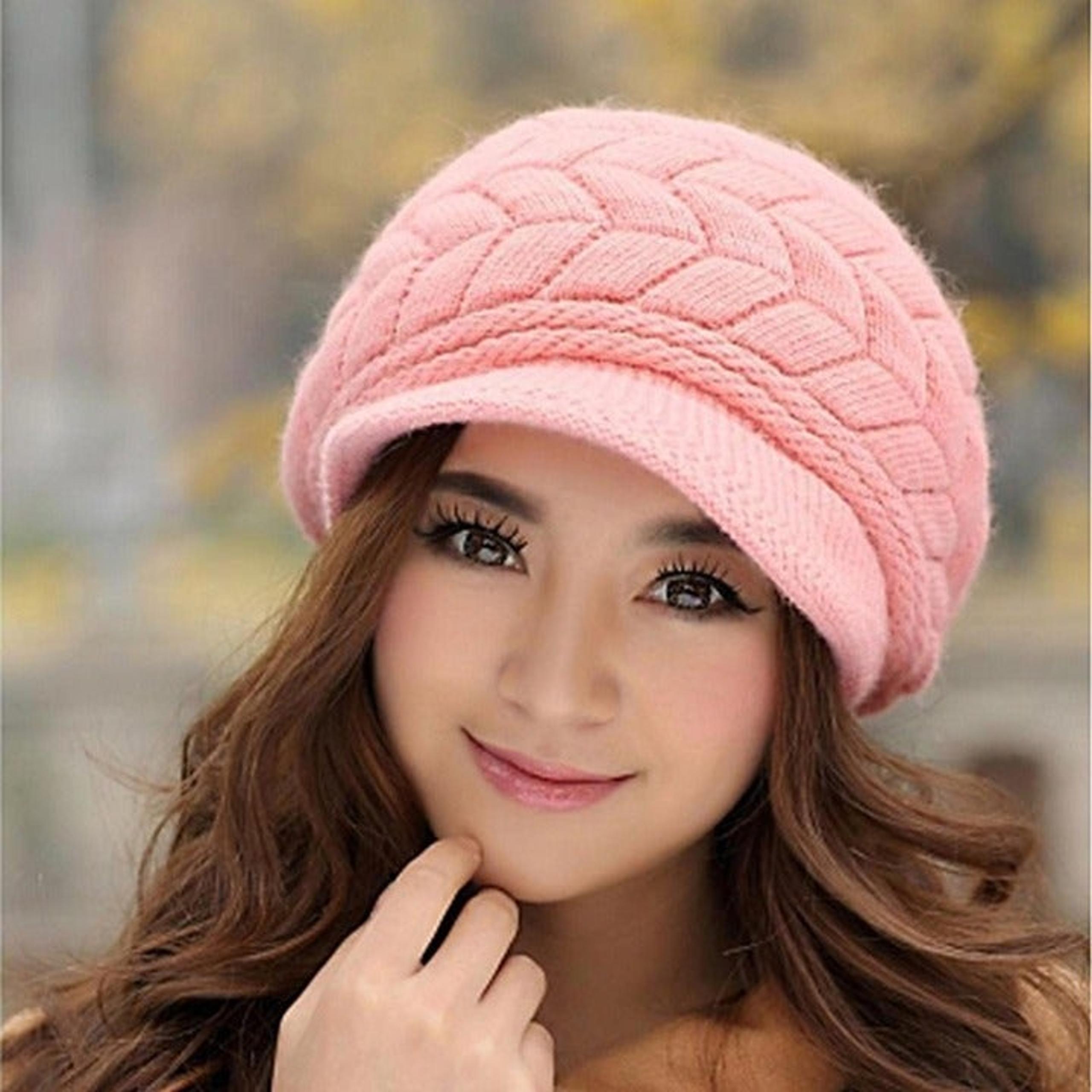 Cute Winter Cozy Fur Earflap Knitted Wool Ski Cap Beret Newsboy Beanie Hat Visor