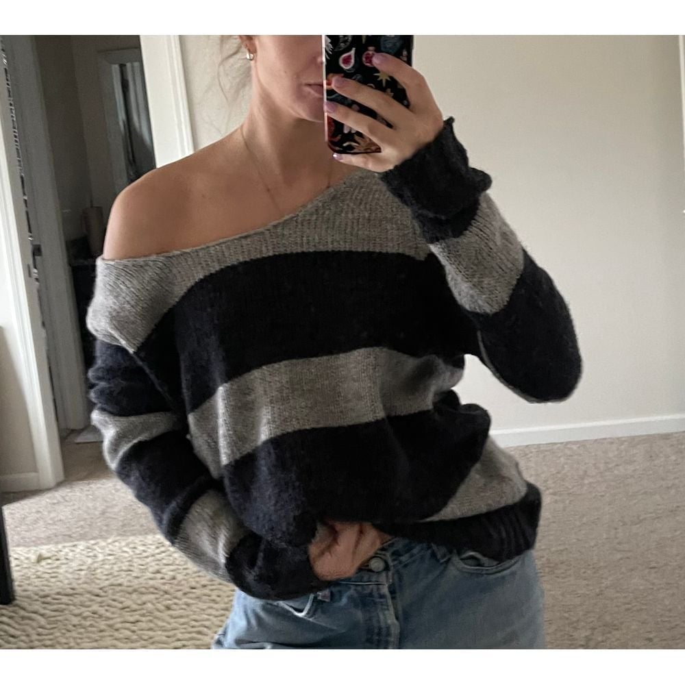 Vintage 90s Gap Alpaca Blend Striped Off-The-Shoulder Slouchy Sweater