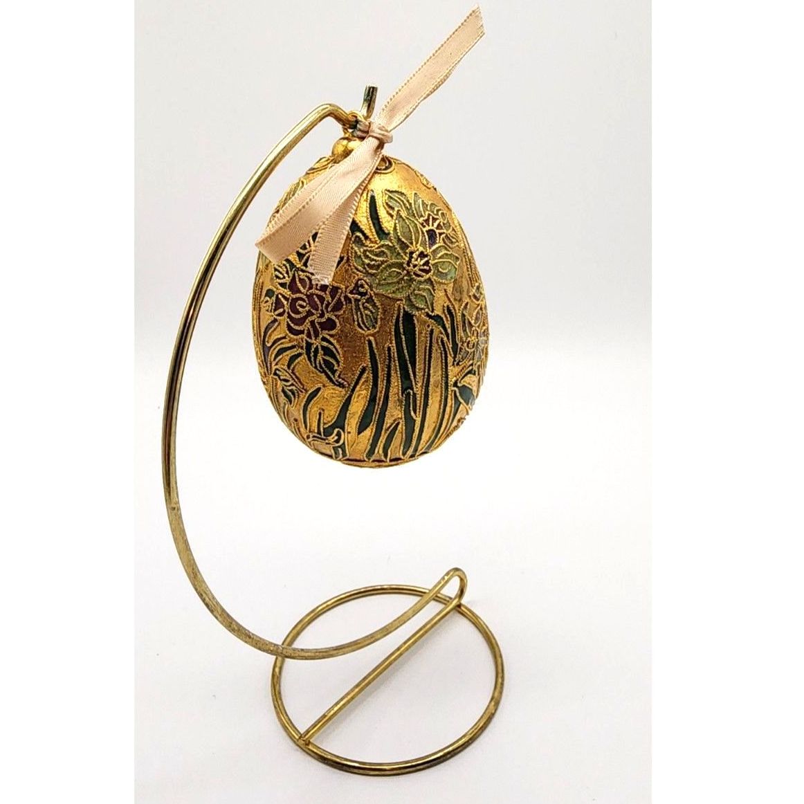 Vintage 60's Gold Floral Cloisonne Egg & Stand