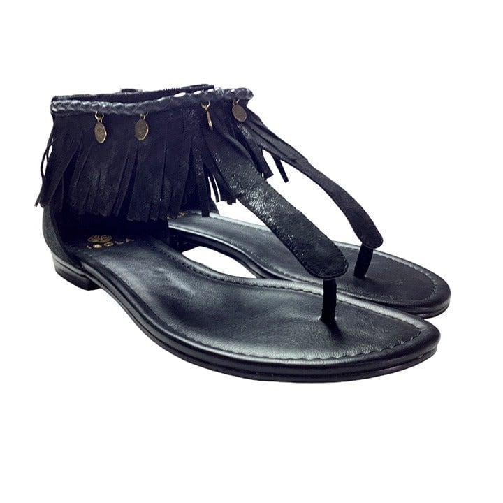 Isola Mardi Womens 9 40 Suede Fringe Flat Thong Sandals Black Back Zipper NEW