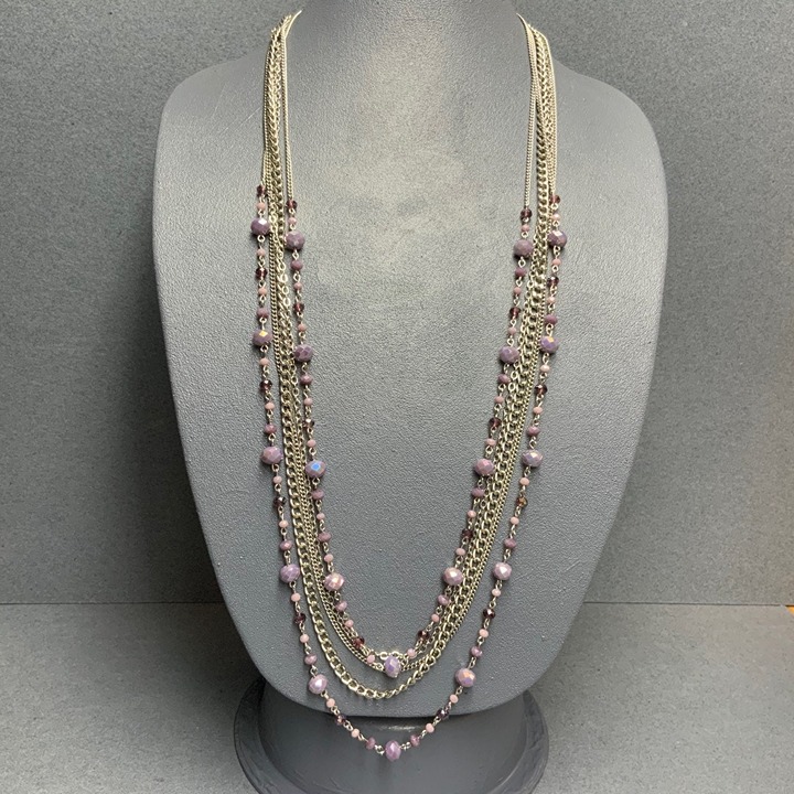 Long Multilayer Necklace 34 In Purple Faceted Silver Chain Crown Extender Bling