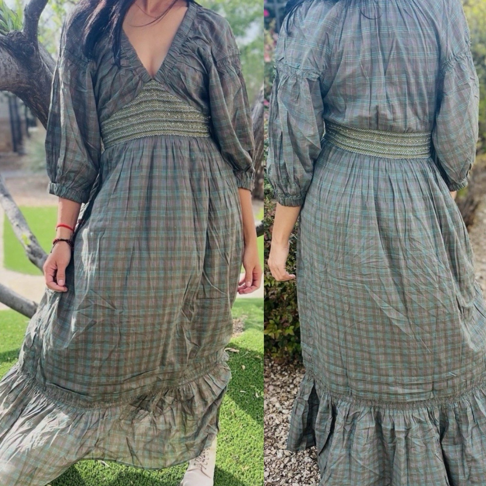 Free People Golden Hour Plaid Tiered Maxi Dress Small NWOT