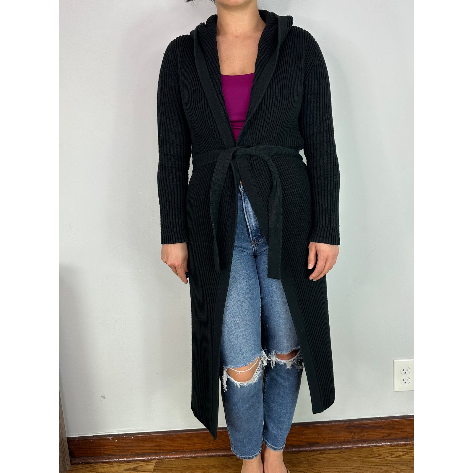 J. Crew Black Long Ribbed Knitted Sweater Cardigan with Belt