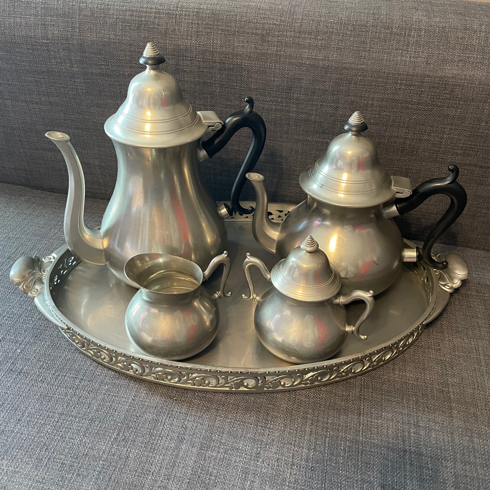 Vintage Royal Holland Pewter Tea Set 2 Pots Sugar Creamer Tray Set Sleepy Hollow