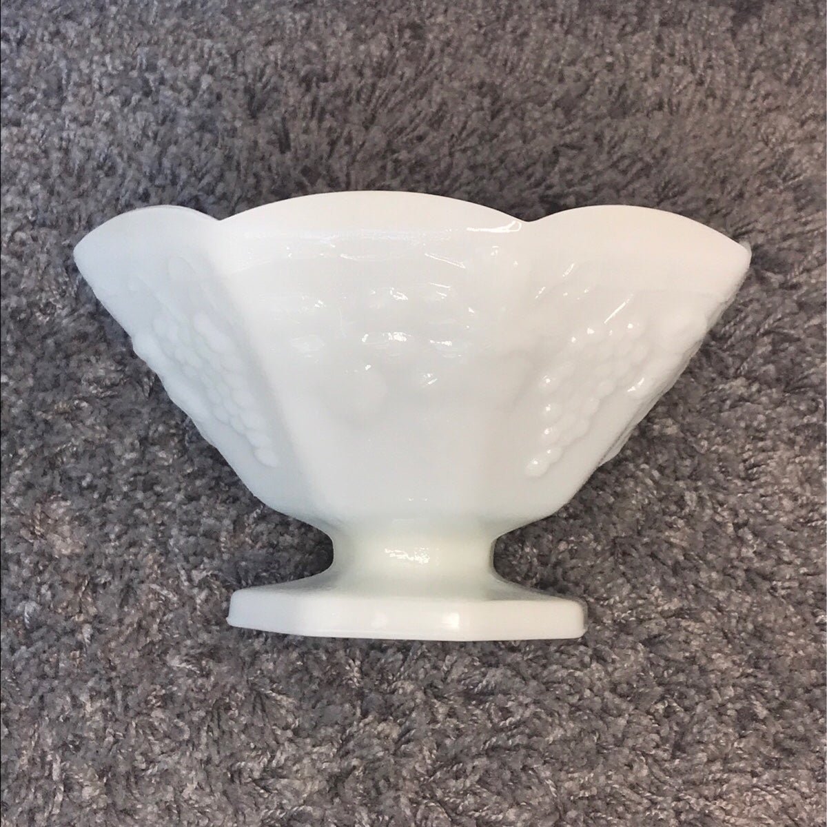 Vintage Anchor Hocking Milk Glass Footed Fruit Bowl - Grape Vine Design - 9