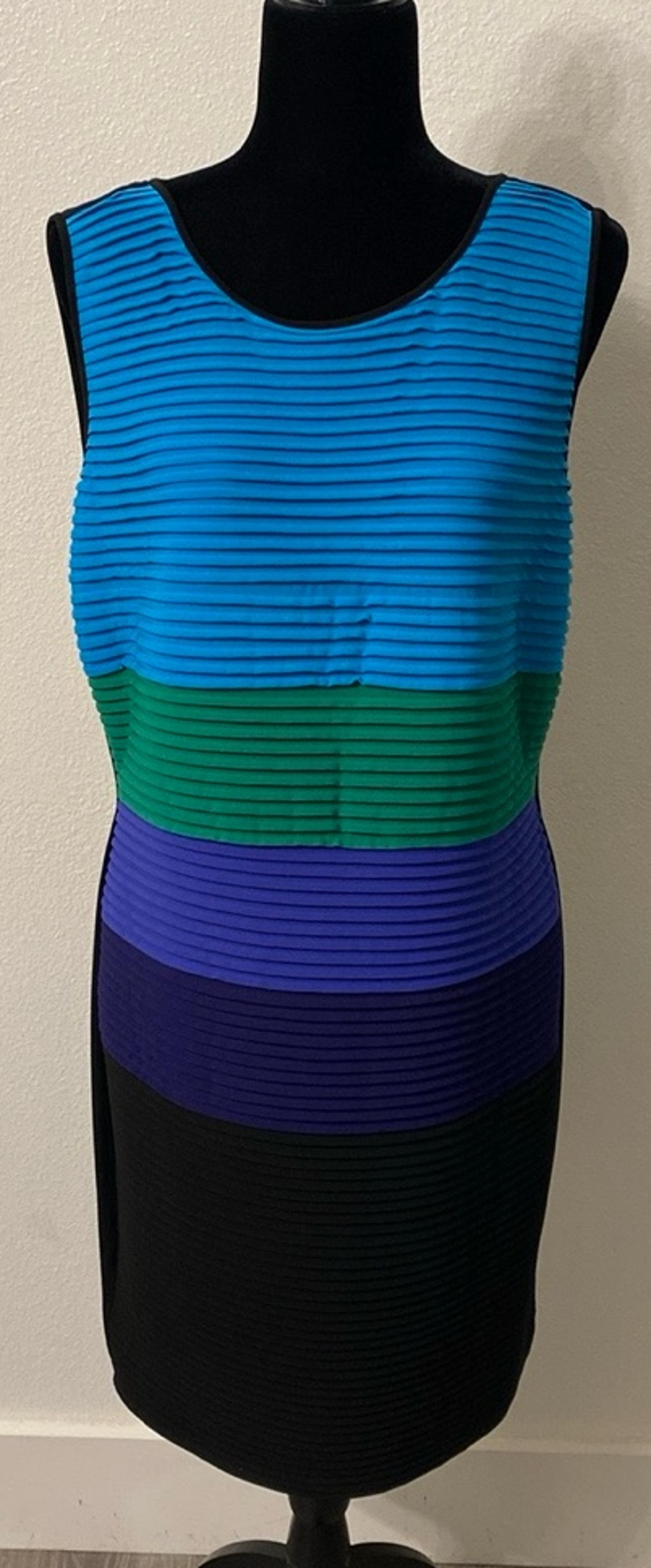 Calvin Klein Turquoise Green Blue Purple Black Tiered Fabric Sheath Dress 14