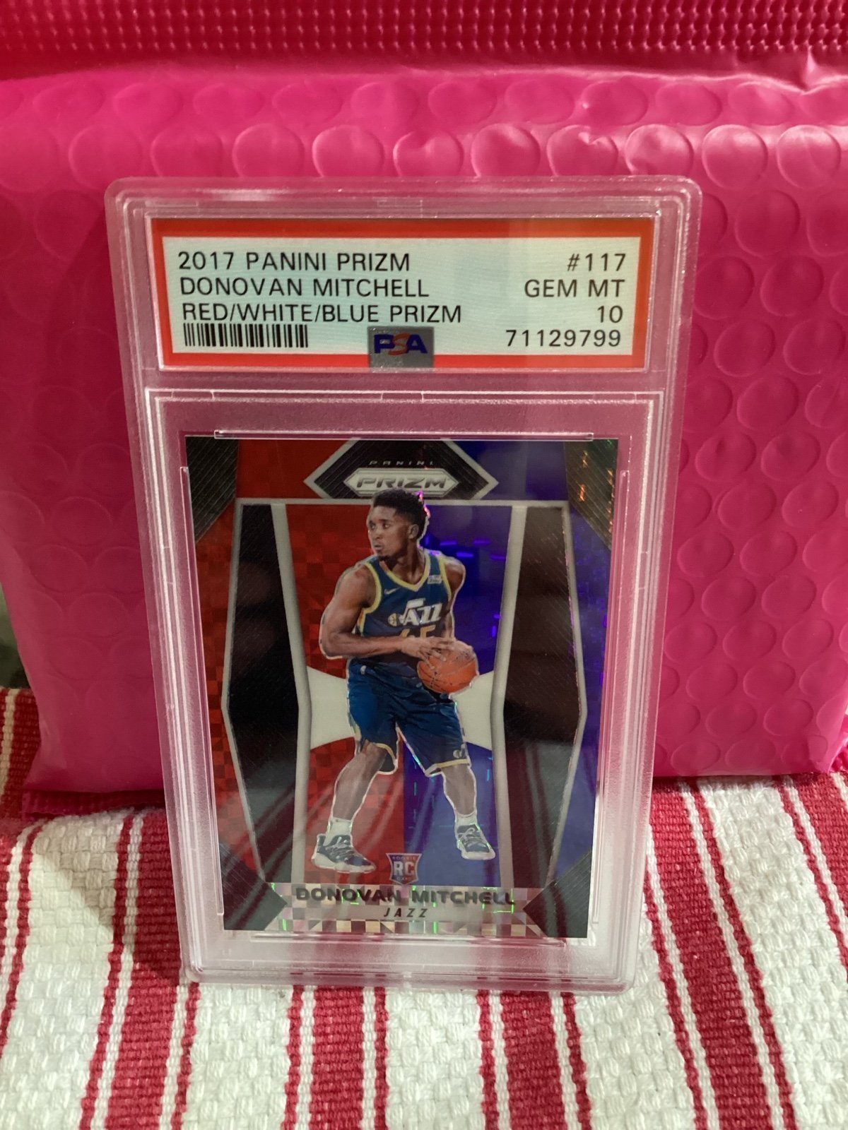 2017-18 Panini Prizm Donovan Mitchell Red/White/Blue PSA Gem 10 Rookie Prizm