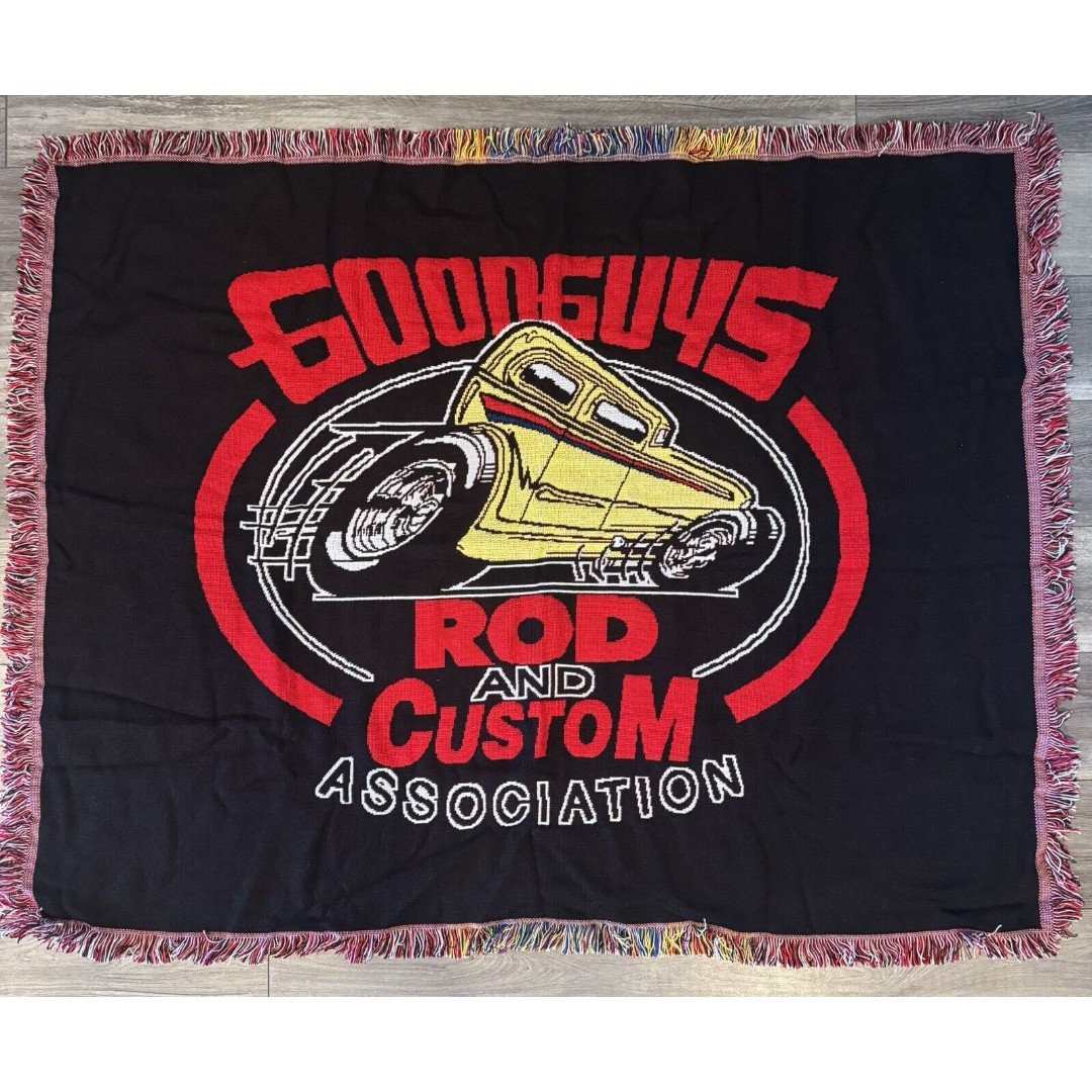 GOODGUYS ROD AND CUSTOM ASSOCIATION TAPESTRY BLANKET FRINGED THROW 46 X 60