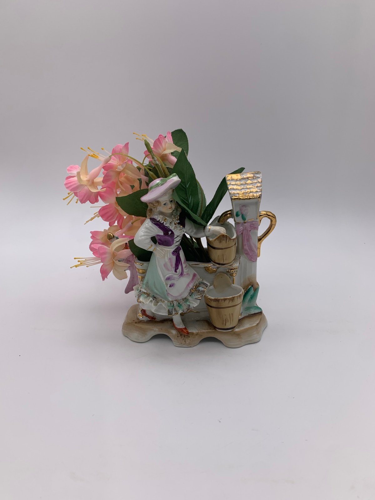 Mid Century Chase Western/Victorian Lady by the Well Porcelain Planter Vase 5.5”