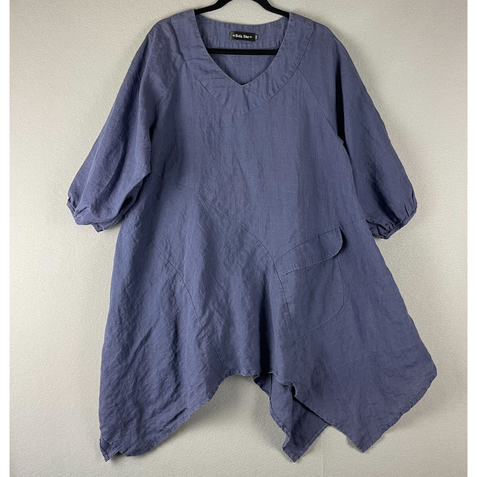 Bella Blue Linen Tunic Top Womens S/M 3/4 Sleeve Lagenlook Asymmetrical Minimal