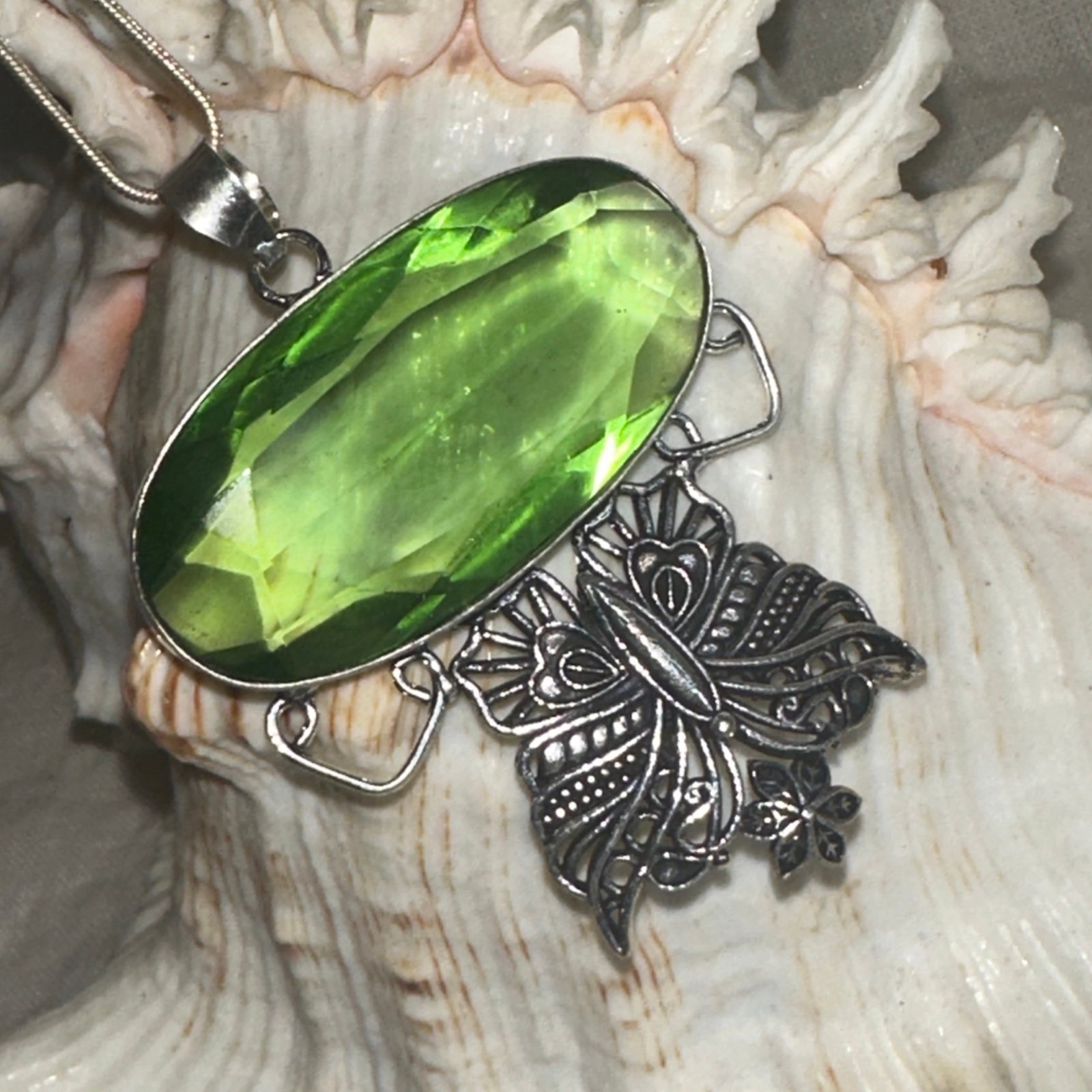 Sale * Green Quartz butterfly statement pendant