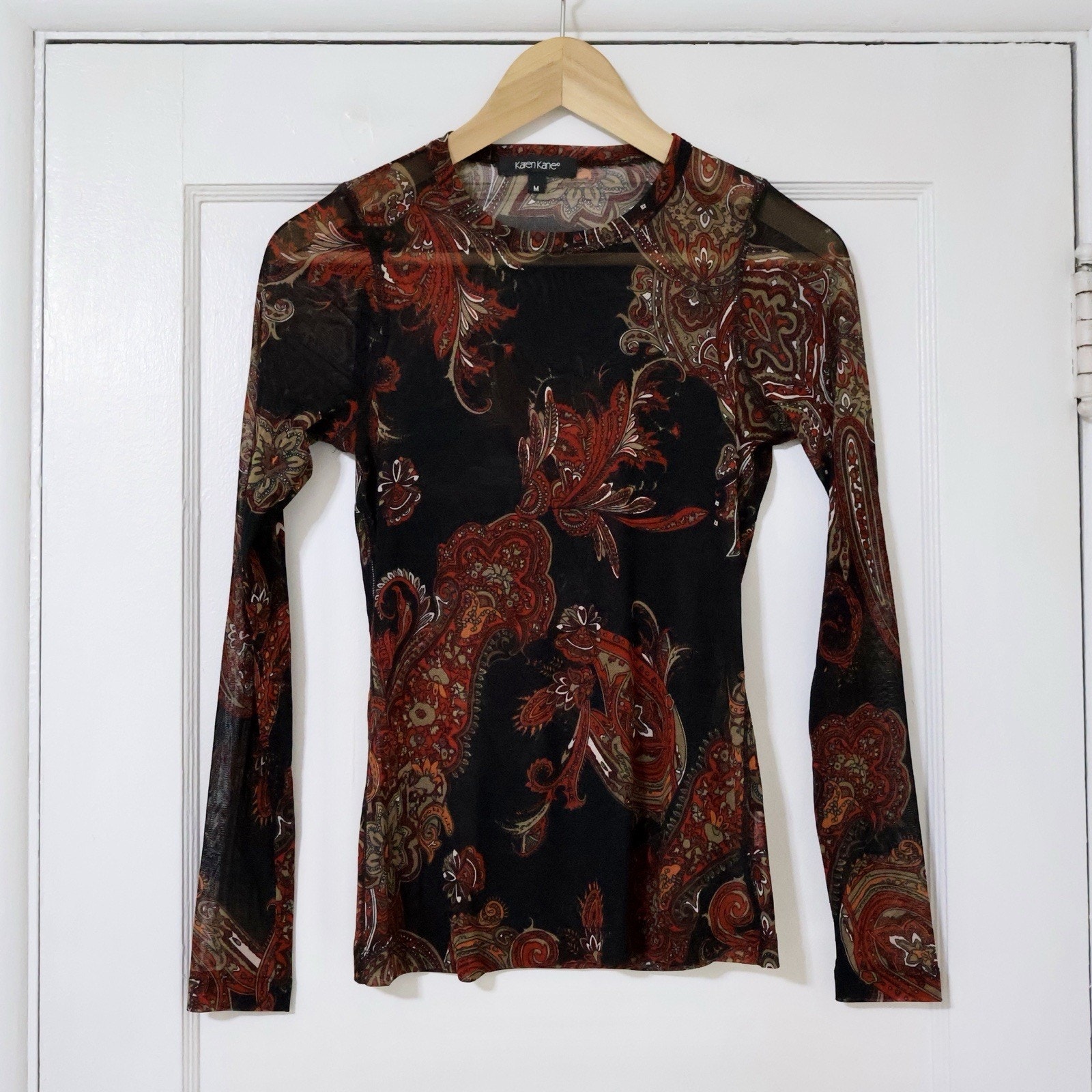 Vintage Karen Kane Black Red Paisley Mesh Sheer Long Sleeve S Witchy Whimsigoth