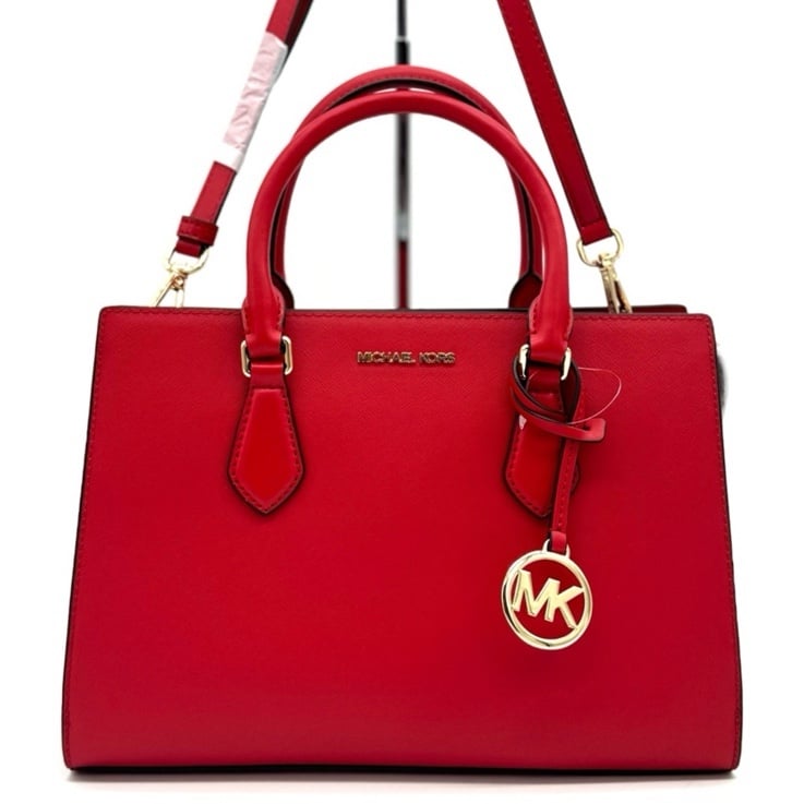 Michael Kors Sheila Medium Signature CZ Logo Satchel Crossbody Bag Bright Red