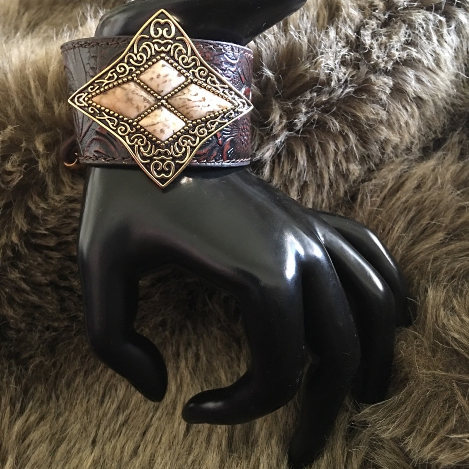 Barse hand tooled genuine leather jasper bracelet