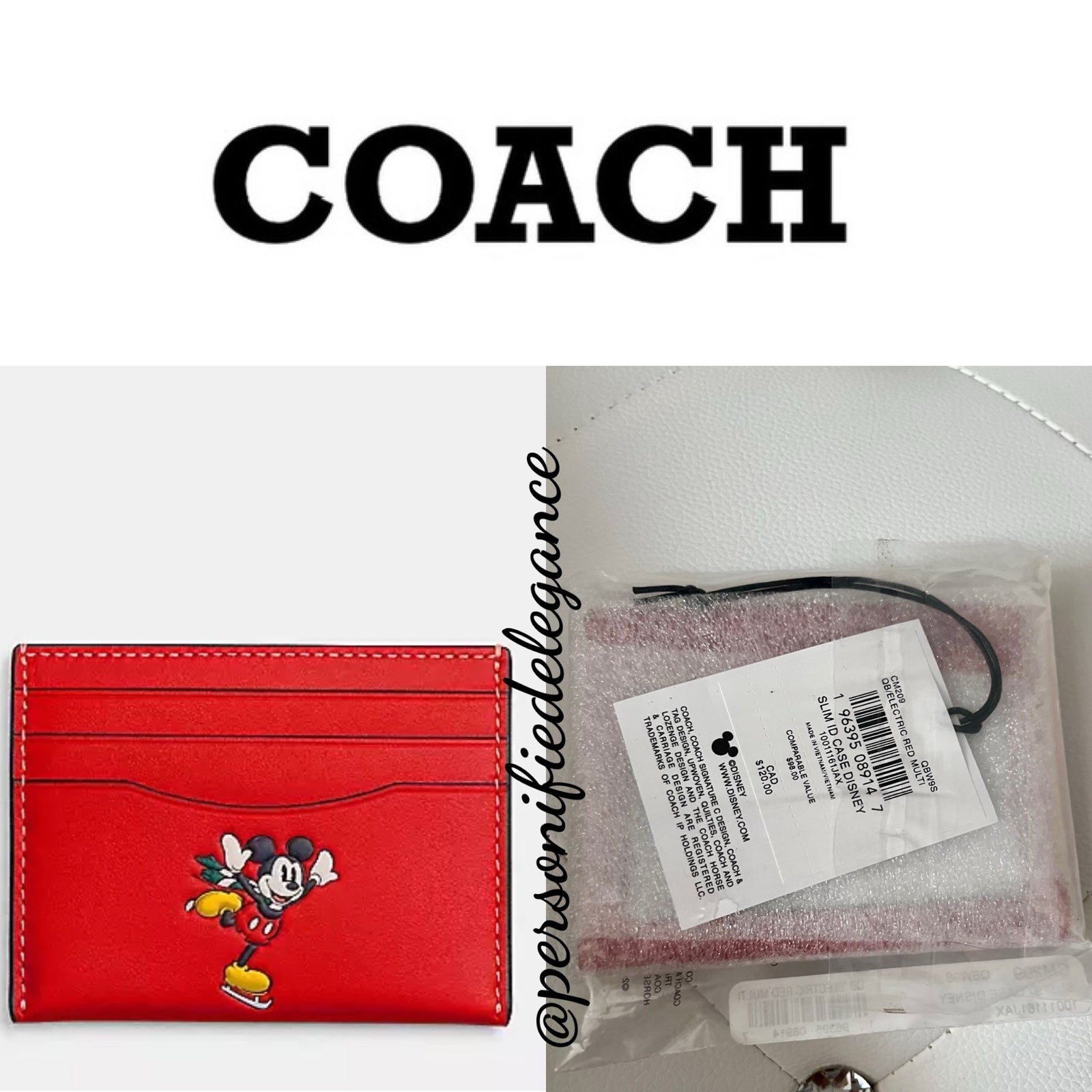 NEW Coach X Disney Electric Red Leather Slim ID Card Case Wallet