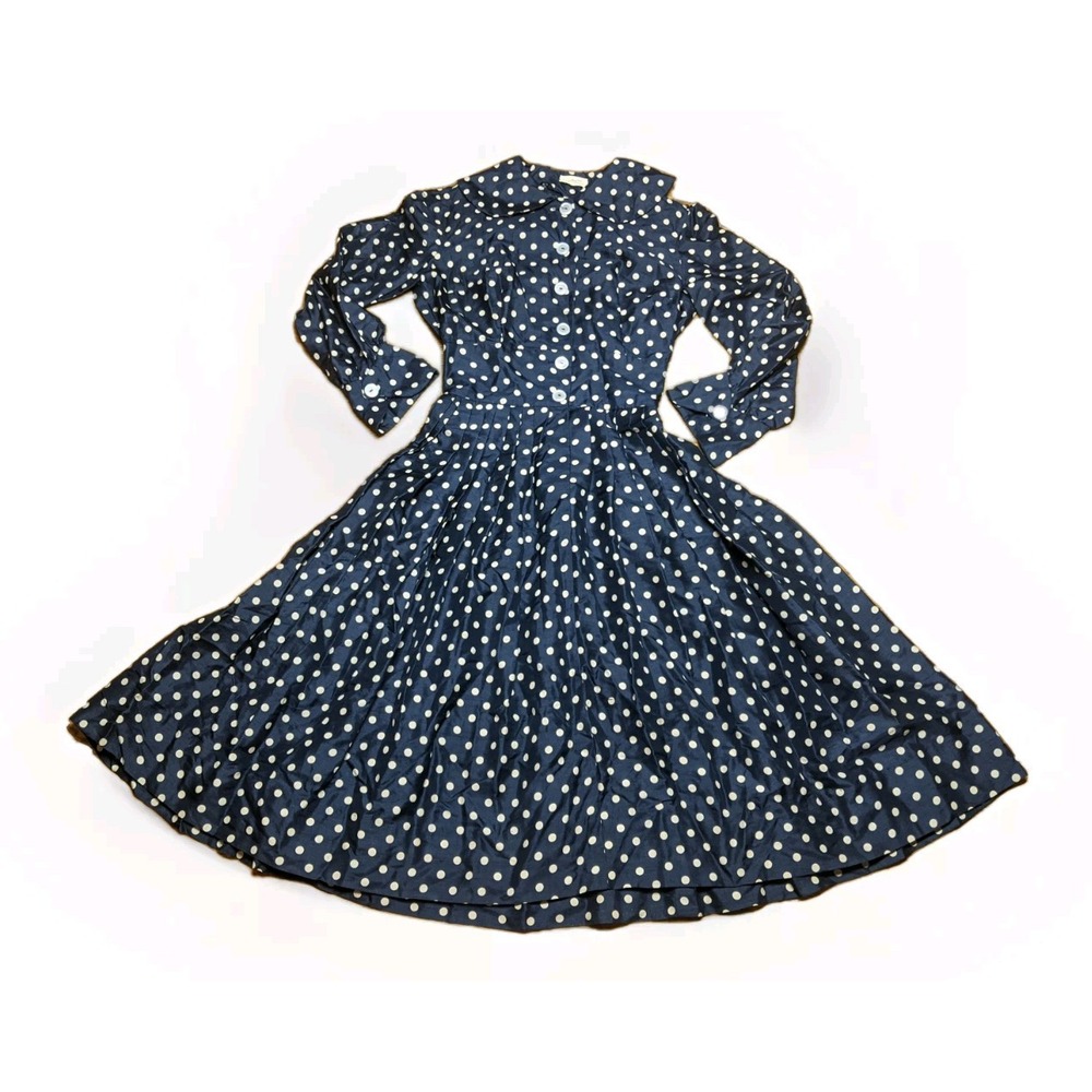 Lord & Taylor 5th Avenue Silk Midi Dress Blue w/ Tan Polka Dot Size 8 Petite