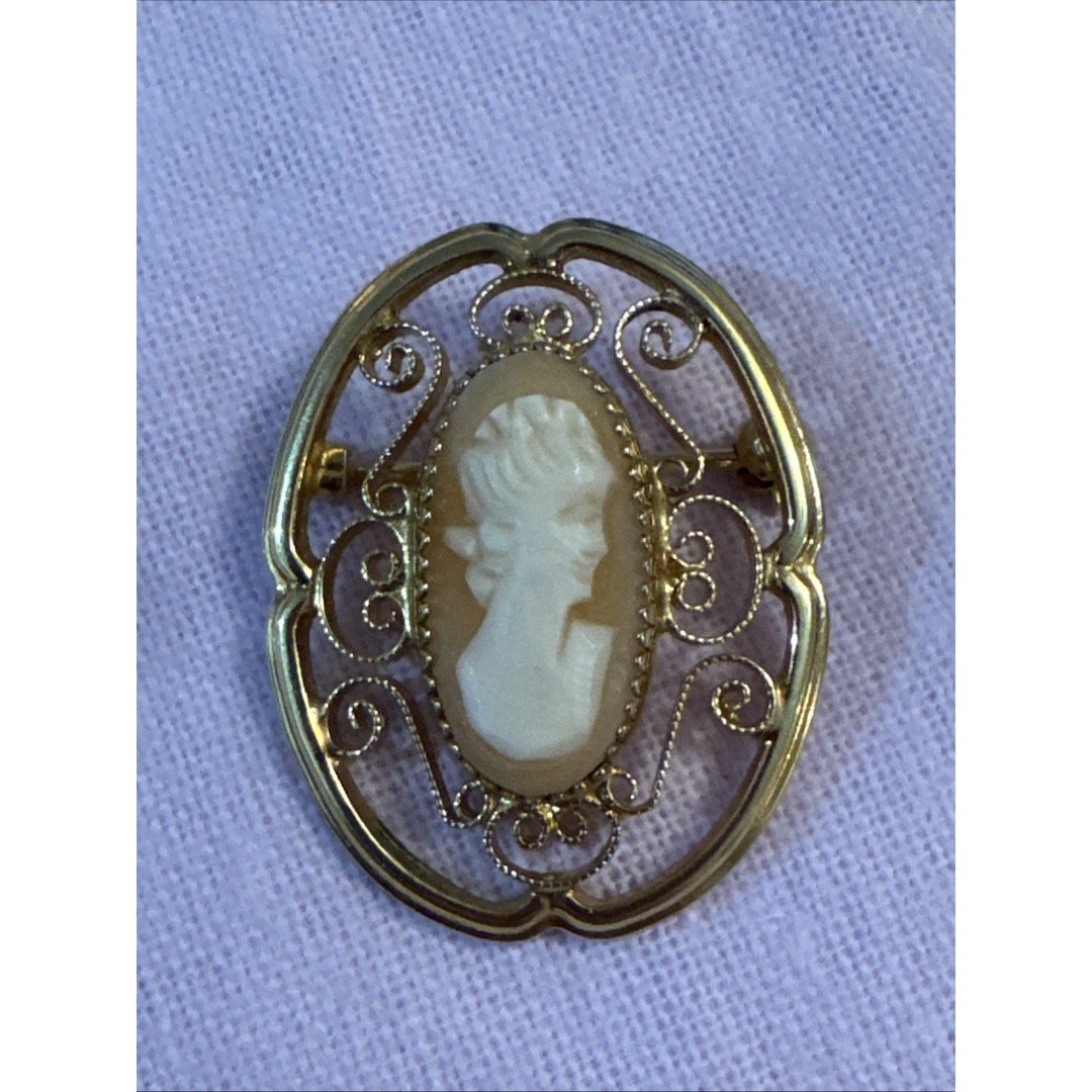 Catamore Cameo Vintage Signed 1/20 12k Gold Filled Shell Brooch 1”