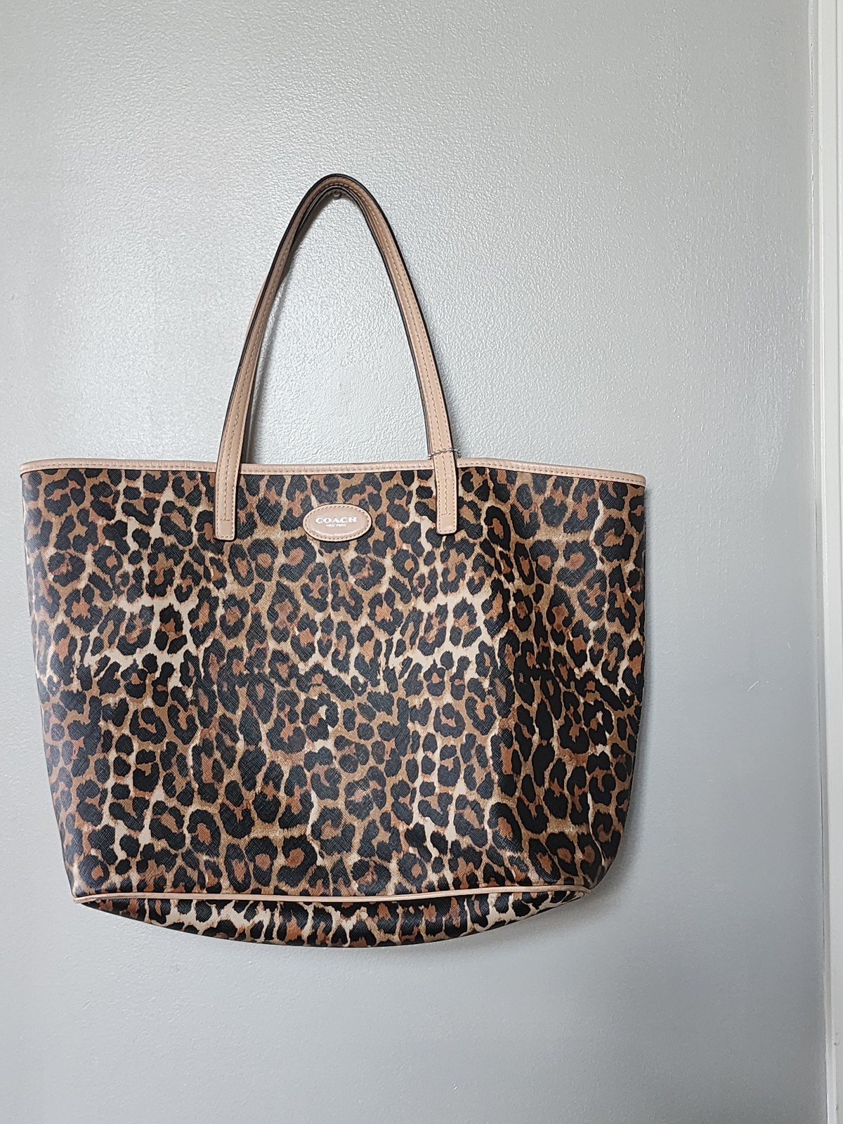 COACH Park Metro Leopard Print Ocelot Leather Tote Shoulder Bag Tan Black Large