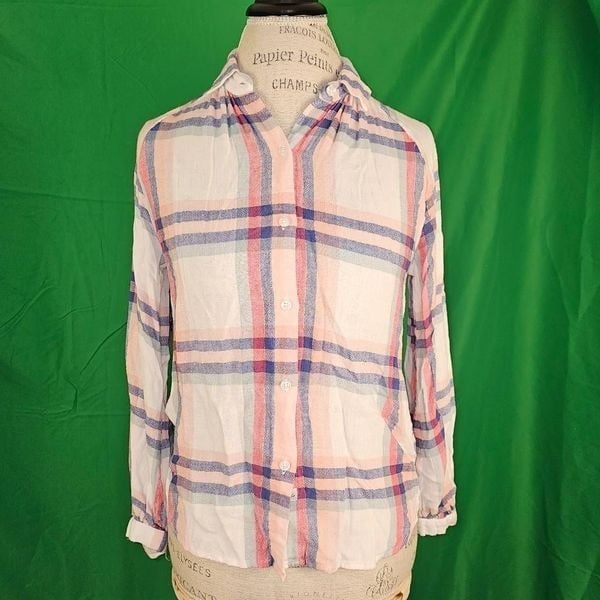 Rails Womens Natalie White Melon Sage Long Sleeve Button Down Flannel Shirt XS