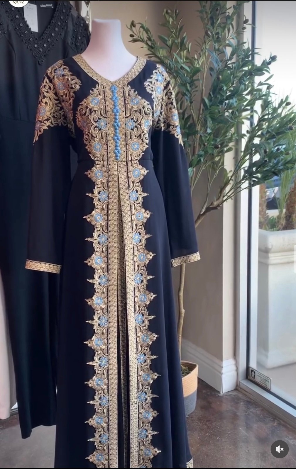Blue and gold Palestinian embroidered kaftan