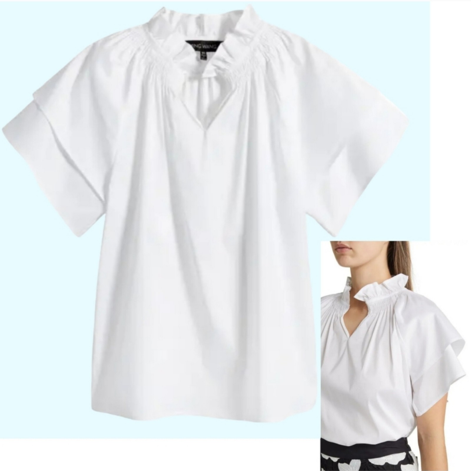 NWT Ming Wang ruffle stand collar flutter sleeve cotton poplin blouse stretch