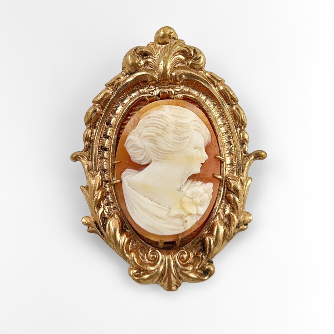 Antique GF Ornate Frame CARVED SHELL CAMEO PORTRAIT Brooch Pin