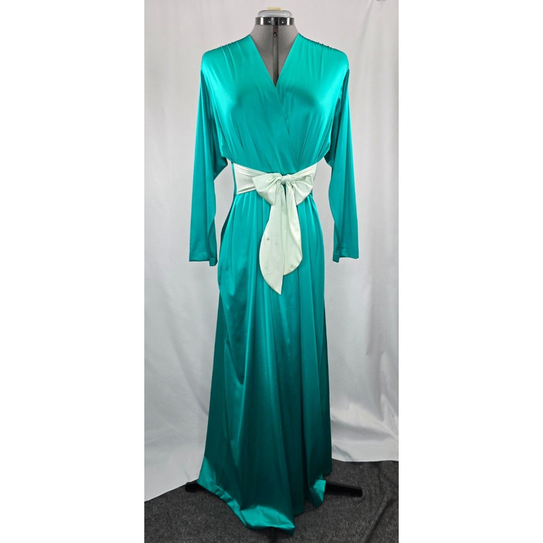 Glam Vintage 70s Turquoise Green Silky Nightgown Robe Lingerie Dress Gown Sash