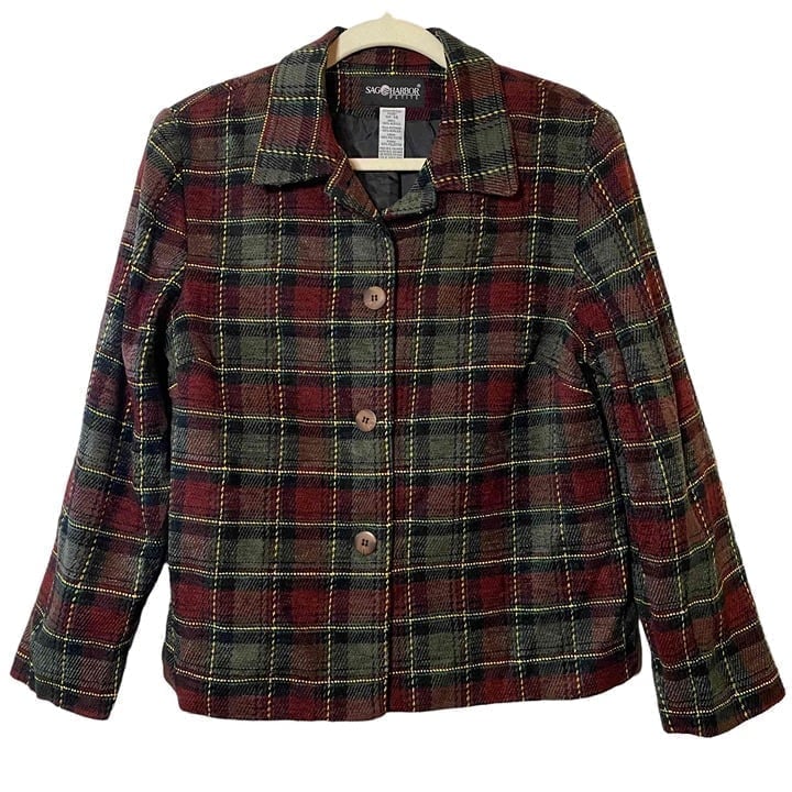 Vintage Sag Harbor Womens Burgundy Plaid Retro 90s Y2K Blazer Jacket Size 14P