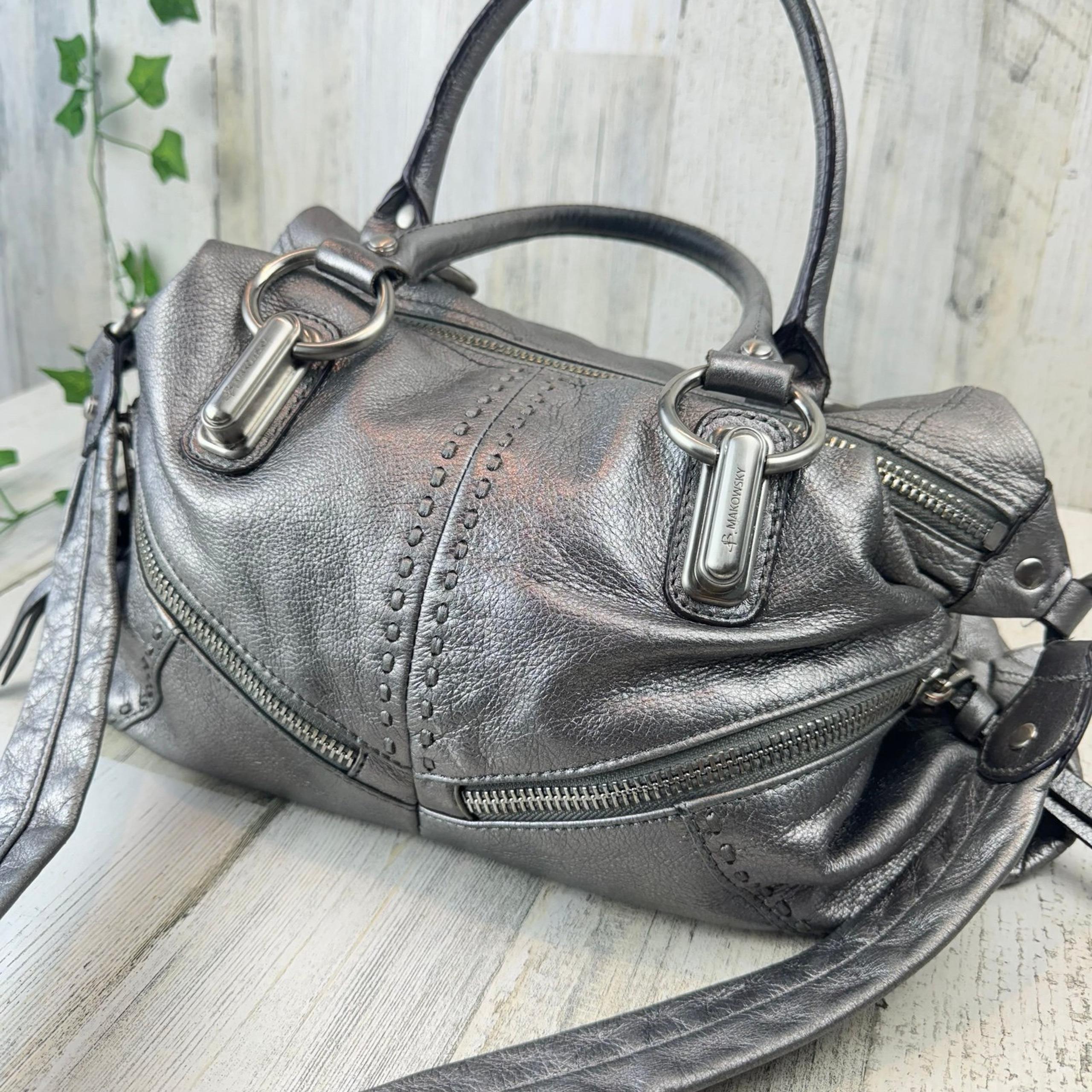Silver Metallic Leather Hobo Bag Crossbody Zip Pockets - b. makowsky